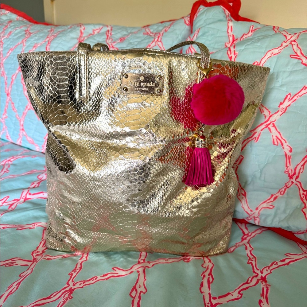 Kate Spade Gold Tote Bag with Pink Charm
